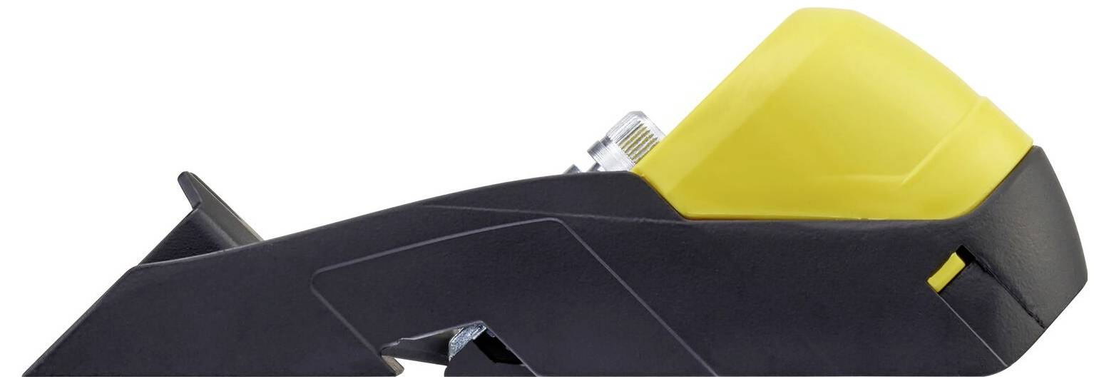 Un utensile manuale giallo e nero con impugnatura ergonomica, utilizzato per rifilare e smussare bordi durante la lavorazione del legno o della plastica.