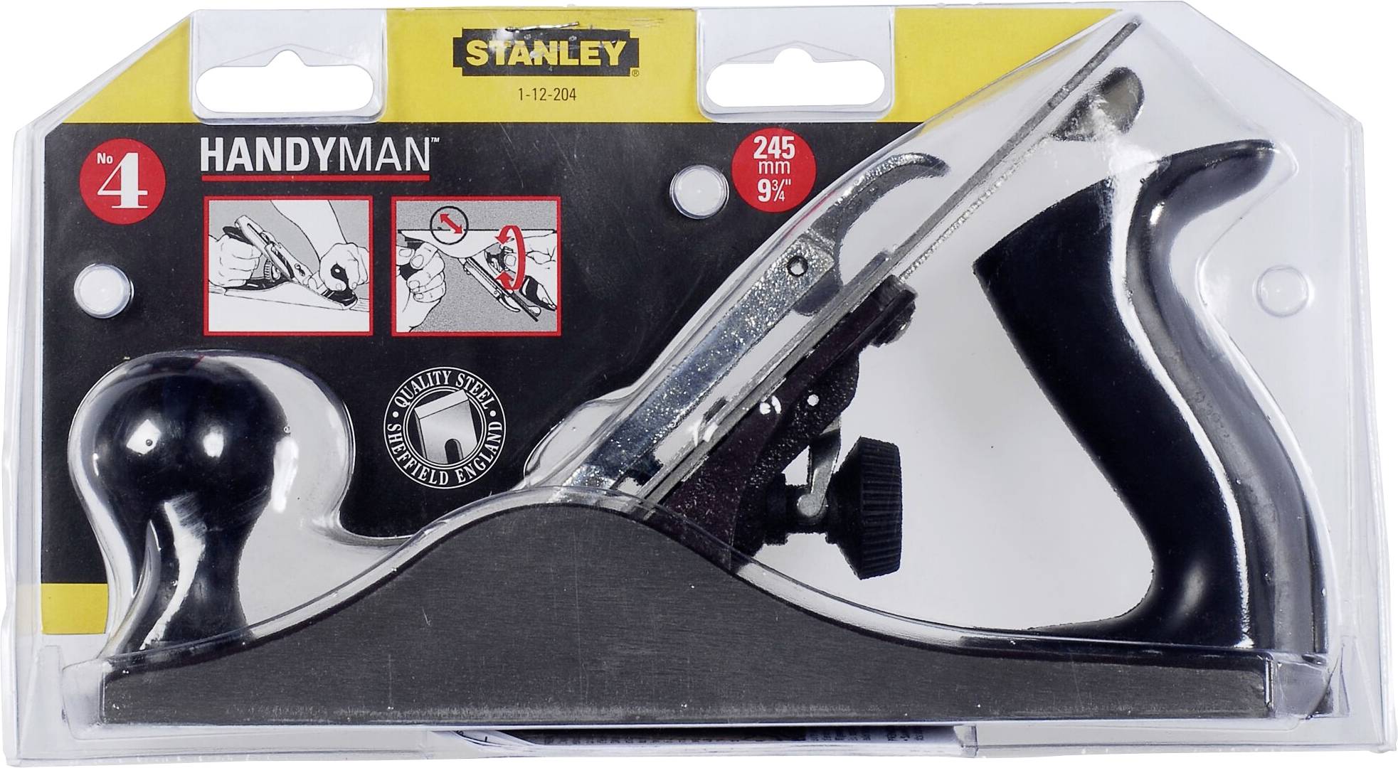 Pialla in confezione blister con la scritta 'Stanley Handyman'. Contiene simboli per istruzioni di sicurezza. Prevalentemente nero.