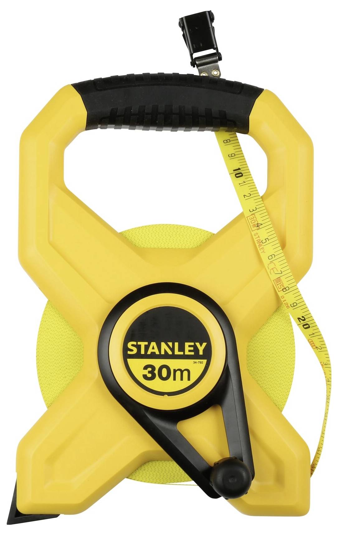 Nastro metrico giallo da 30 metri, con impugnatura nera e meccanismo a manovella integrato, marca 'Stanley'.