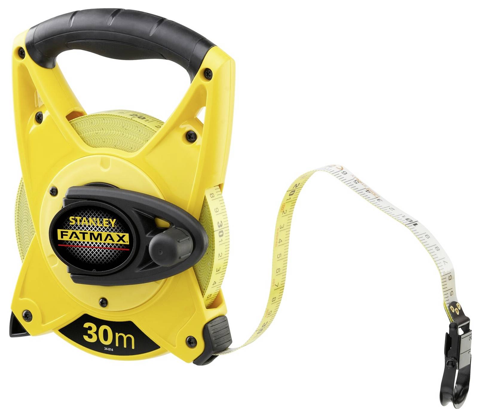 Nastro metrico giallo con impugnatura nera e la scritta 'Stanley FatMax 30m', arrotolato e parzialmente svolto.