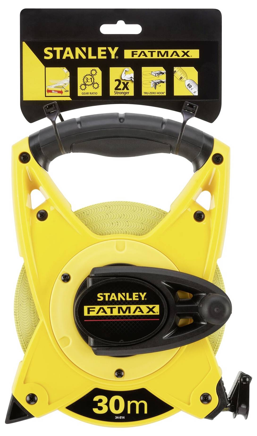 Nastro metrico giallo Stanley da 30 metri, con custodia robusta e impugnatura ergonomica.