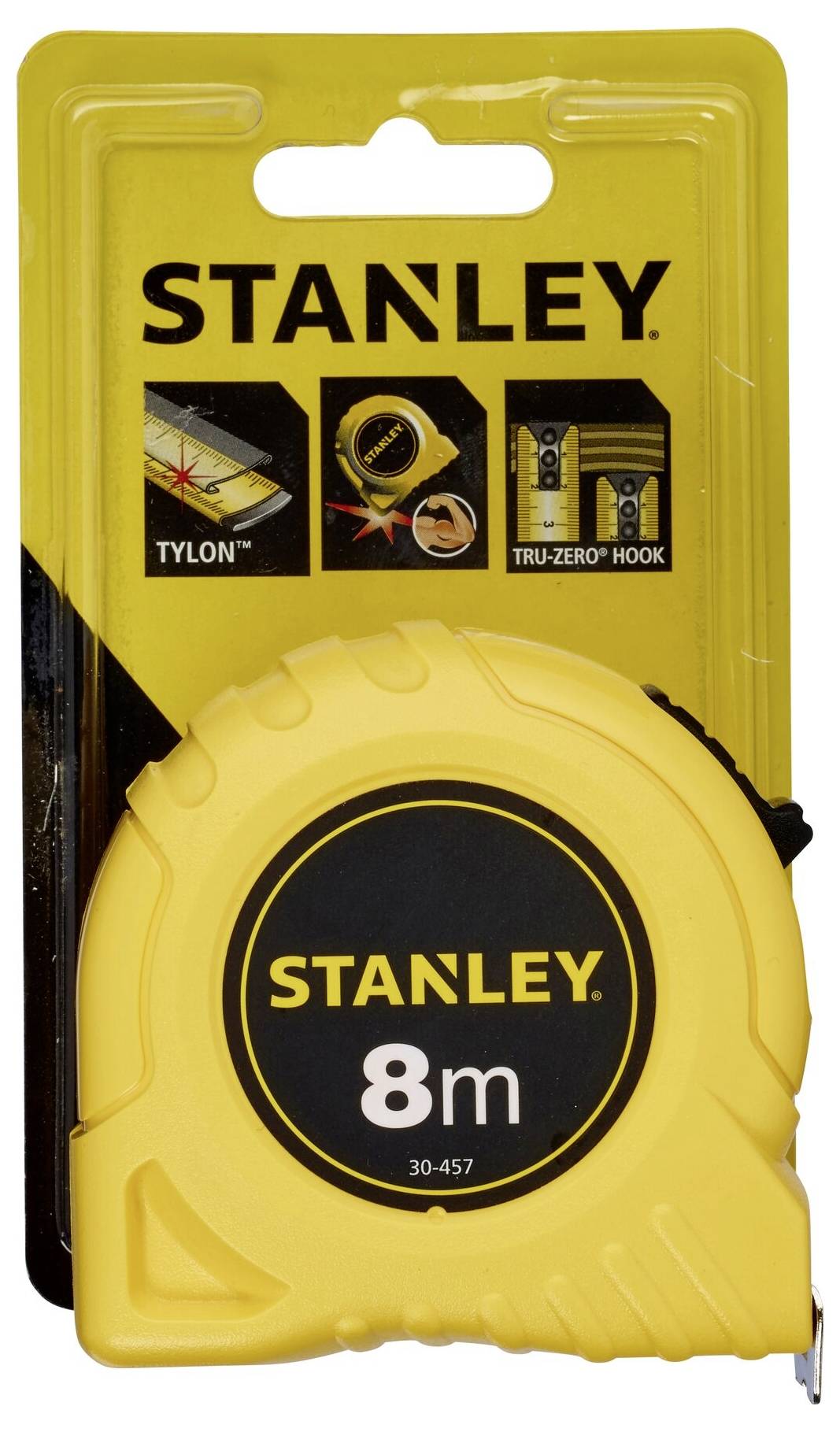 Nastro metrico Stanley giallo, lungo 8 metri, in confezione di plastica. La confezione mostra i simboli per 'Tylon', 'Tru-Zero Hook', su sfondo giallo.