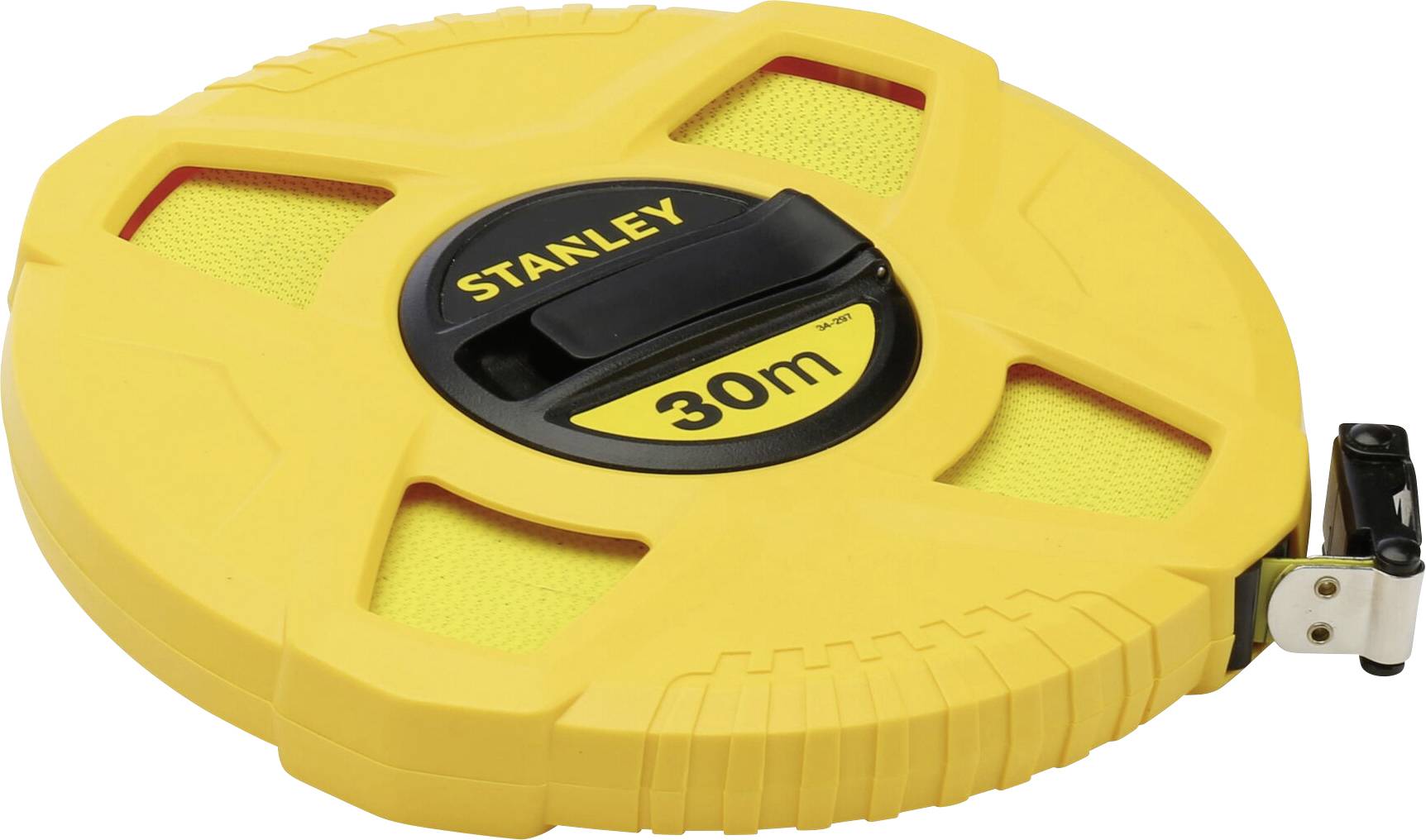 Nastro metrico giallo in plastica, con indicazione '30m'. Adatto per misurazioni precise in cantiere o in officina.
