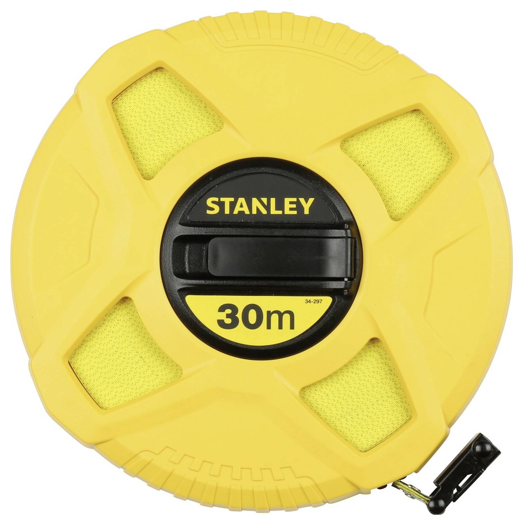 Flessometro giallo con impugnatura nera, marca 'STANLEY', lunghezza 30 metri.