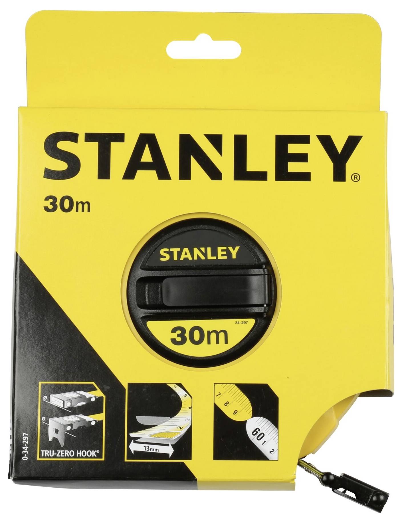 Stanley Measuring Tape, 30 Meters, in Yellow Packaging. Product Image Highlighting Length and Brand Logo.<br><br>Stanley Flessometro, 30 Metri, in Confezione Gialla. Immagine del Prodotto con Enfasi sulla Lunghezza e sul Logo del Marchio.