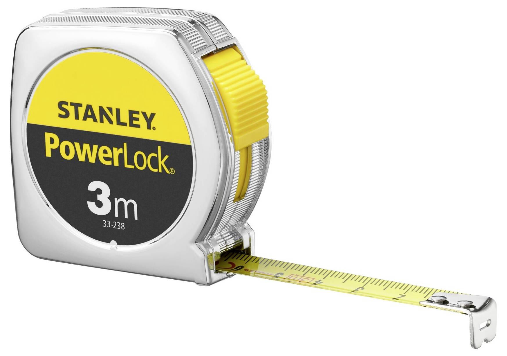 Un metro a nastro Stanley con la scritta 'PowerLock', esteso fino a 3 metri.