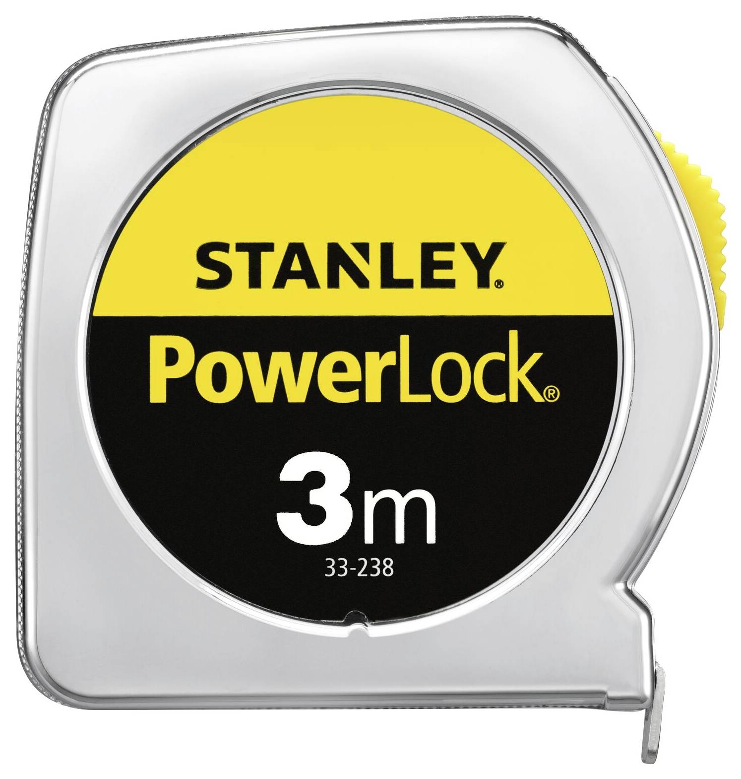 Rotella metrica Stanley PowerLock da 3m, con custodia argentata e marcature gialle.