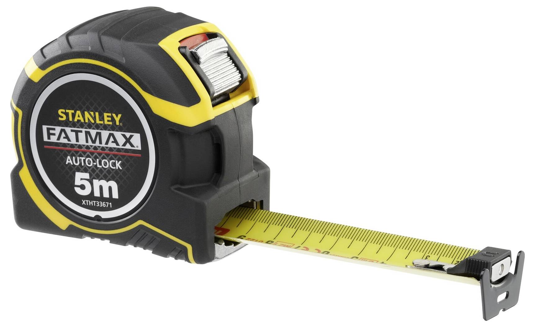 Un nastro metrico giallo e nero del marchio Stanley, modello FatMax, della lunghezza di 5 metri con blocco automatico.