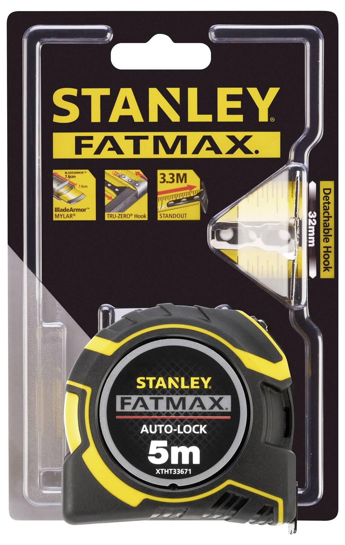 Confezione del metro a nastro STANLEY FATMAX con funzione di blocco automatico da 5 metri e gancio rimovibile, con indicazione dell'unità di misura.
