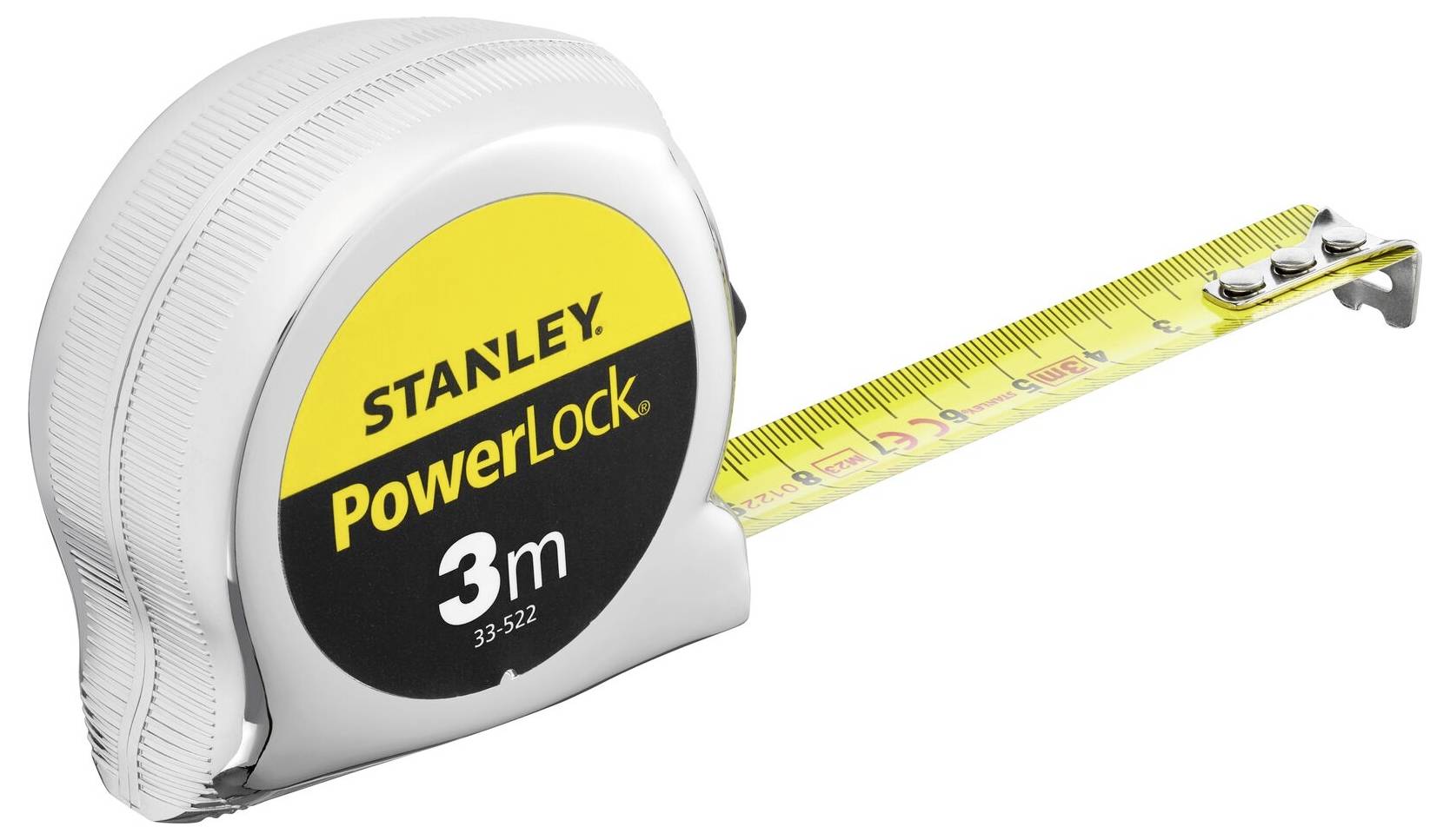 Un nastro metrico con nastro giallo e una lunghezza di 3 metri. Ha un alloggiamento arrotondato con la scritta 'Stanley PowerLock'.