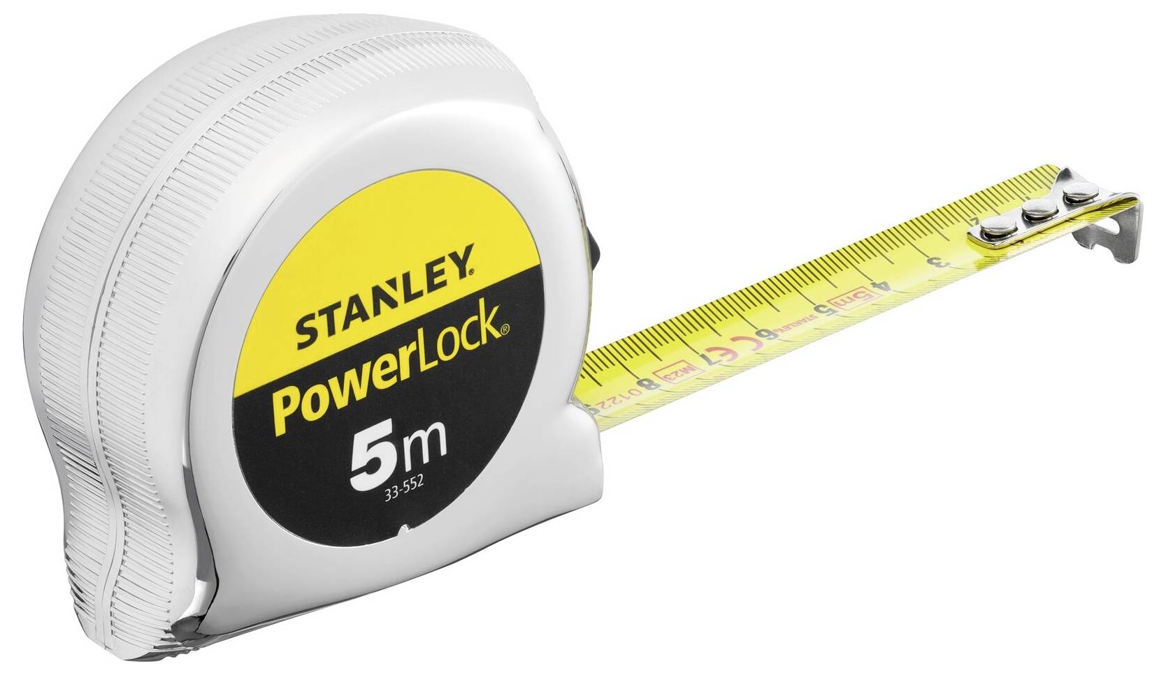 Un metro a nastro Stanley PowerLock, esteso fino a circa 5 metri, su uno sfondo bianco.