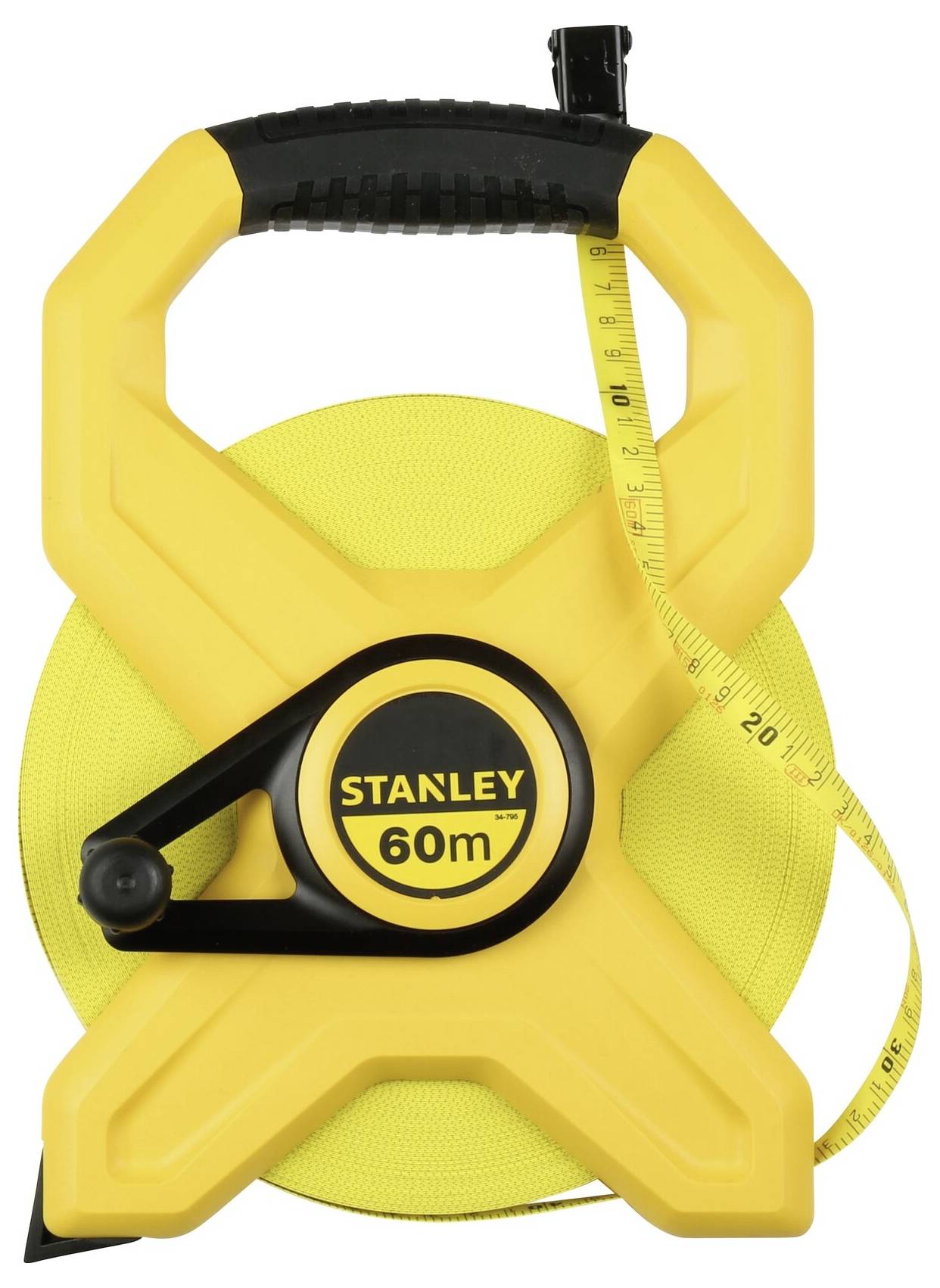 Nastro metrico giallo con la scritta 'Stanley 60m', parzialmente srotolato. Ideale per misurazioni precise di grandi distanze.