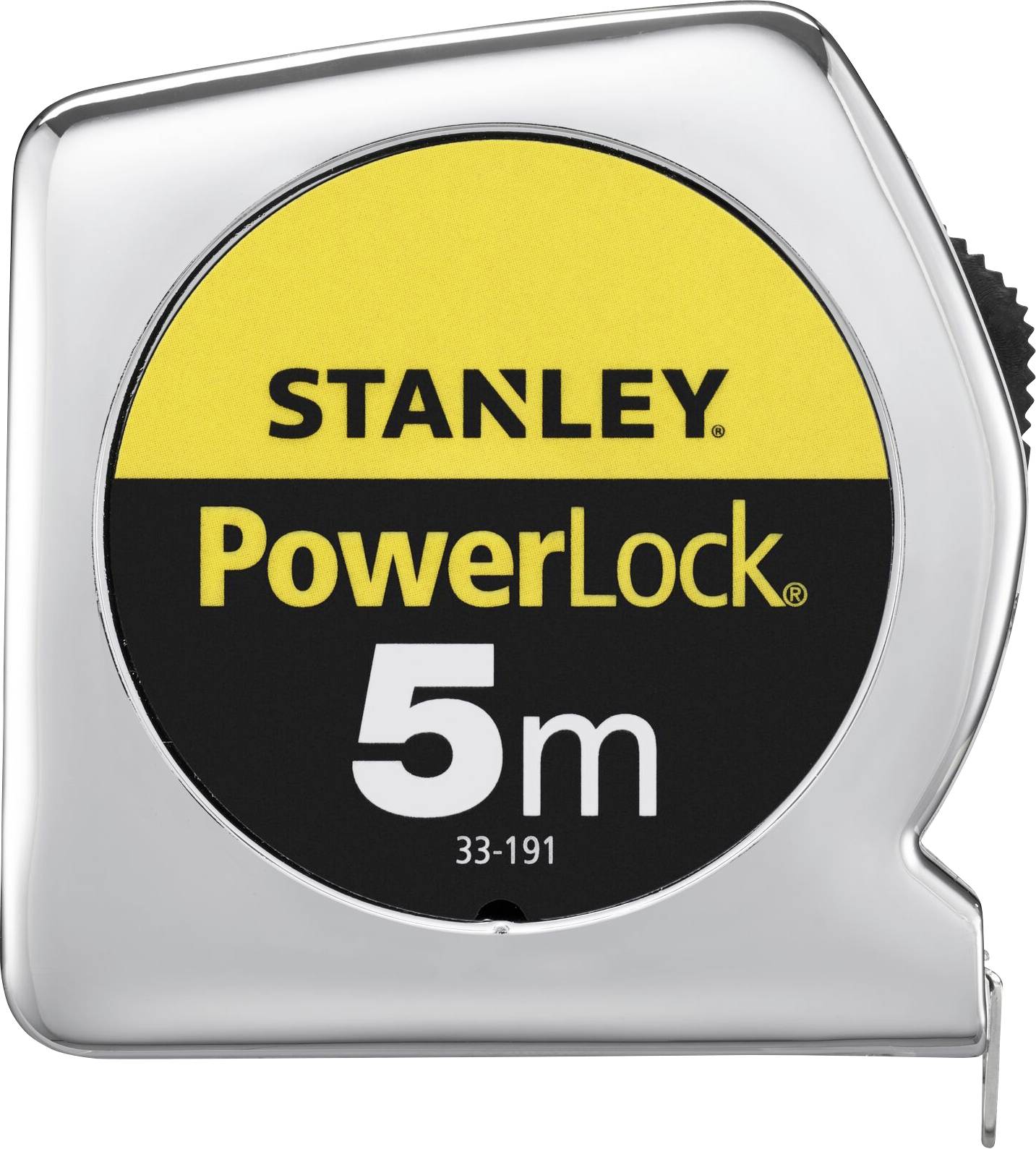 Un nastro metrico argentato con etichetta gialla reca la scritta 'STANLEY PowerLock 5m'.