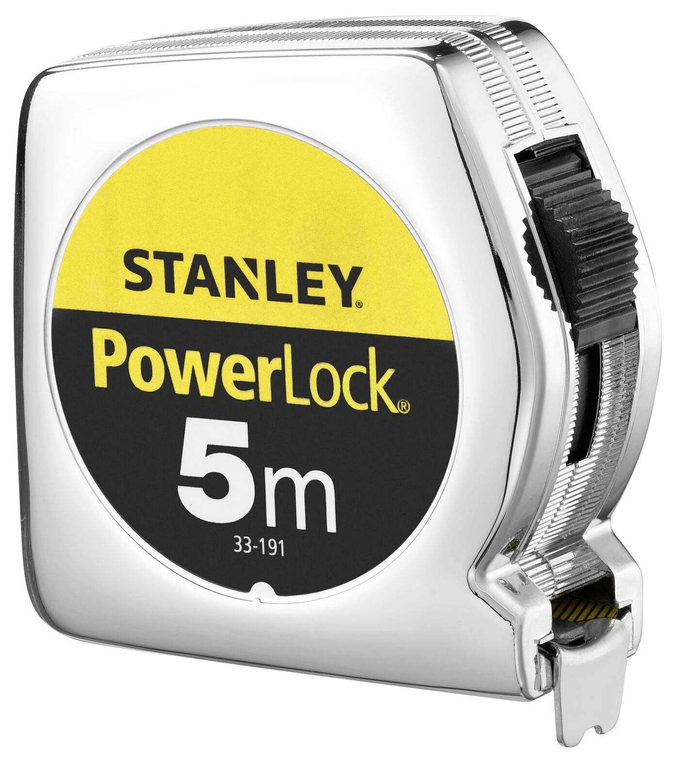 'Metro a nastro metallico con etichetta giallo-nera. Iscrizione: Stanley PowerLock 5 m.'