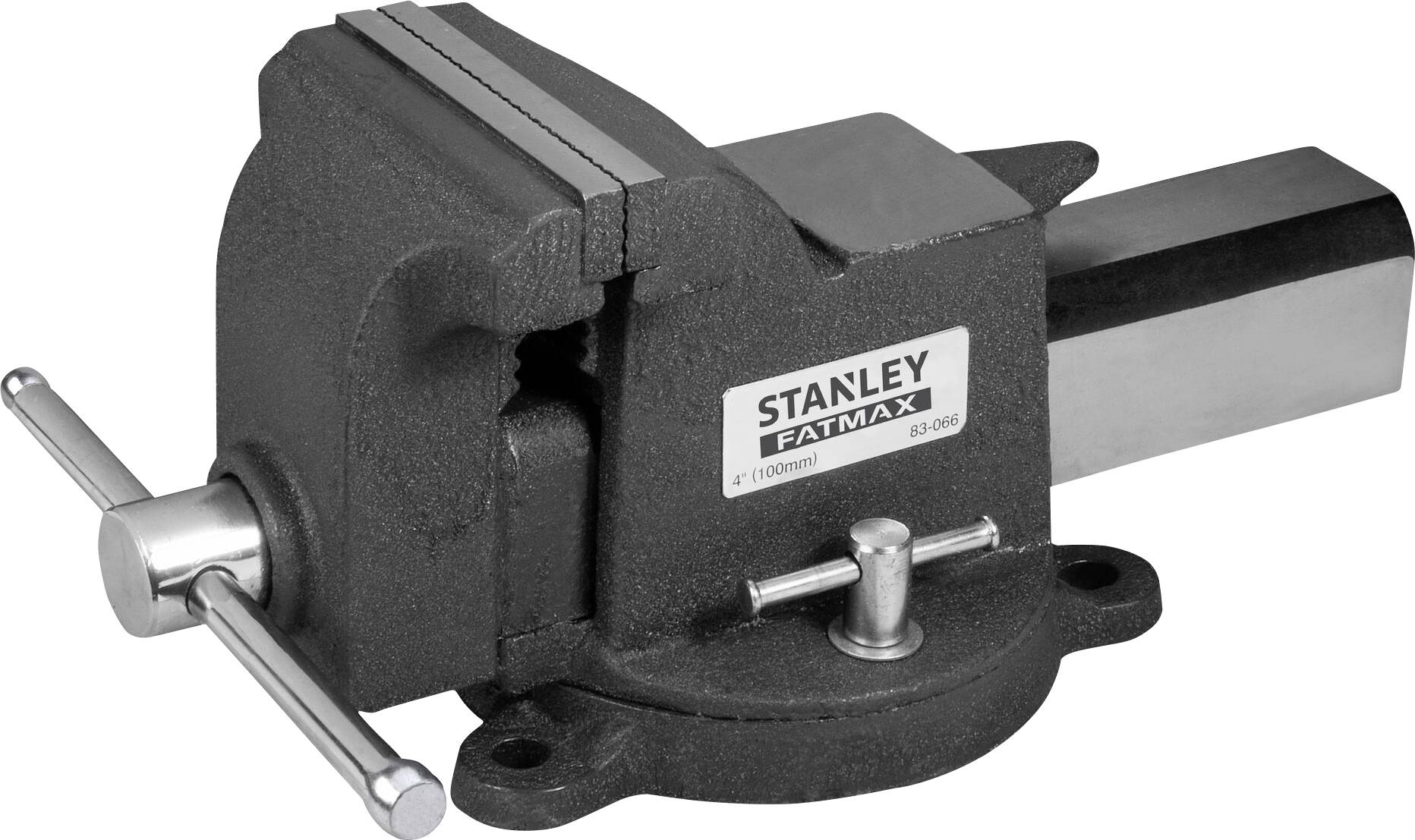Morsa in metallo Stanley Fatmax in nero e argento, adatta per bloccare e tenere fermi i pezzi di lavoro. Nome del modello sul lato.