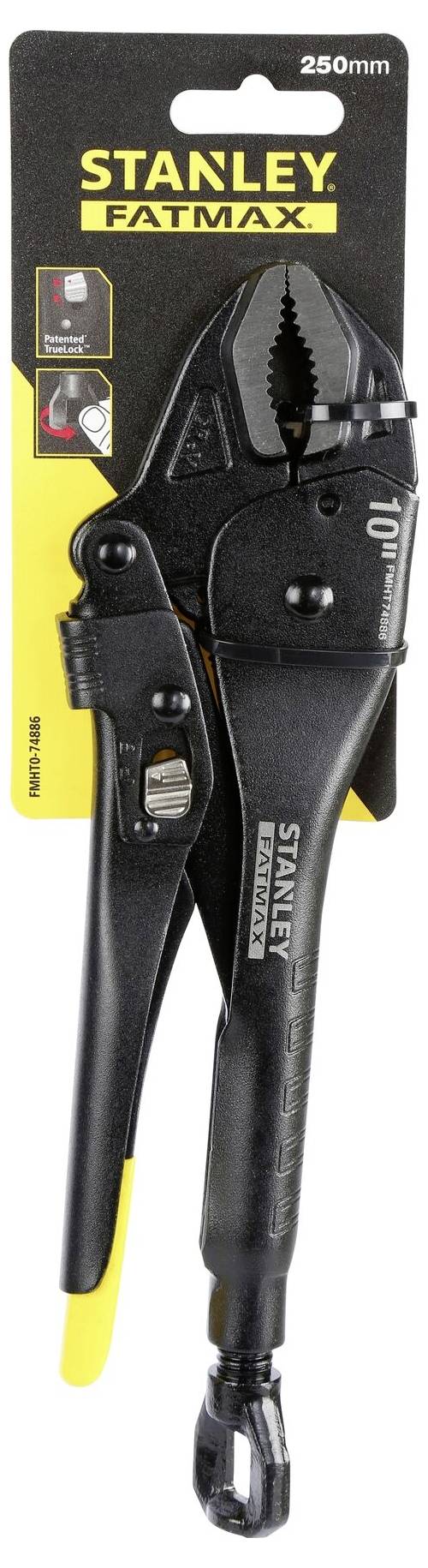 Pinza regolabile per pompa idraulica 'STANLEY FATMAX', 250 mm, colore nero, raffigurata su confezione di prodotto, idonea per diverse applicazioni di presa e serraggio.