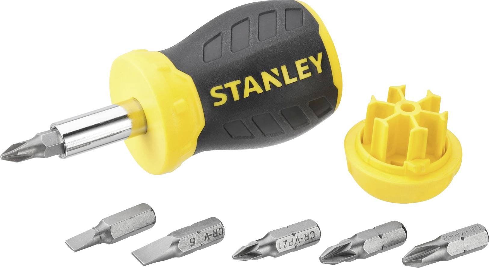 Cacciavite Stanley giallo e nero con cinque bit intercambiabili, inclusi un bit a croce e un bit a taglio.
