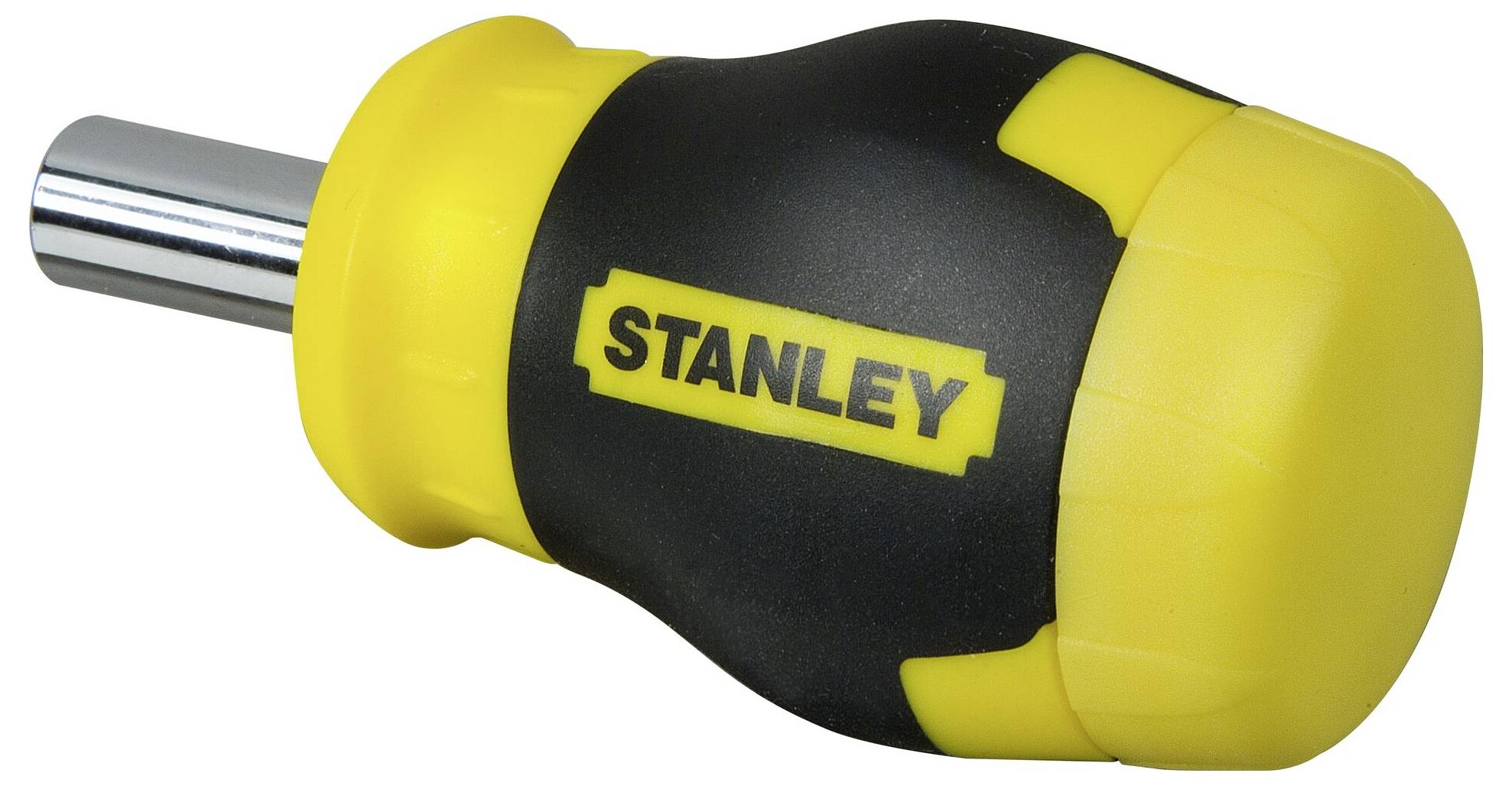 Impugnatura di un portainserti avvitabile del marchio Stanley, nero-giallo, design ergonomico.