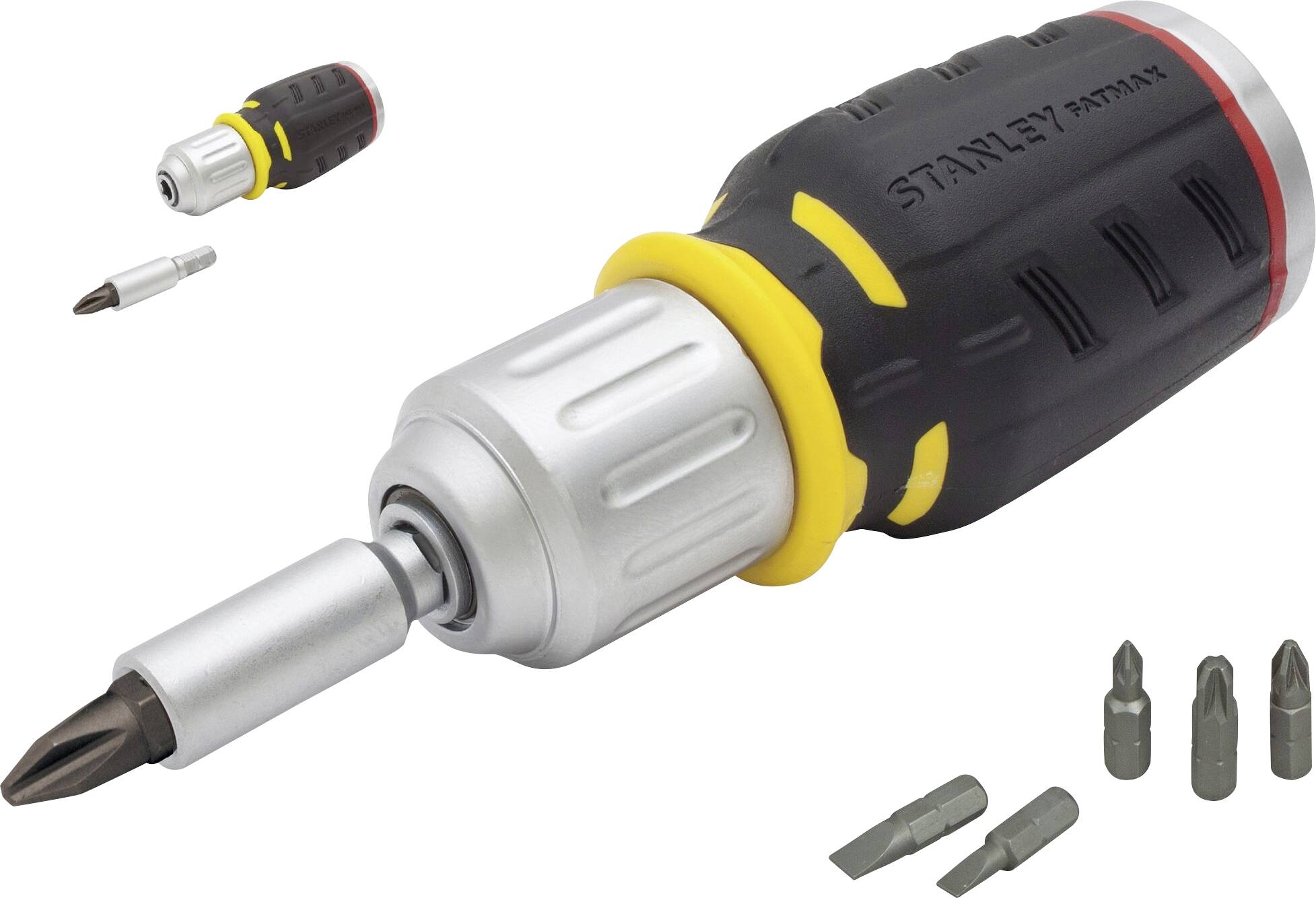 Cacciavite elettrico con diversi bit intercambiabili mostrato. Dispositivo principale in nero con elementi gialli e argentati, marca stampata.