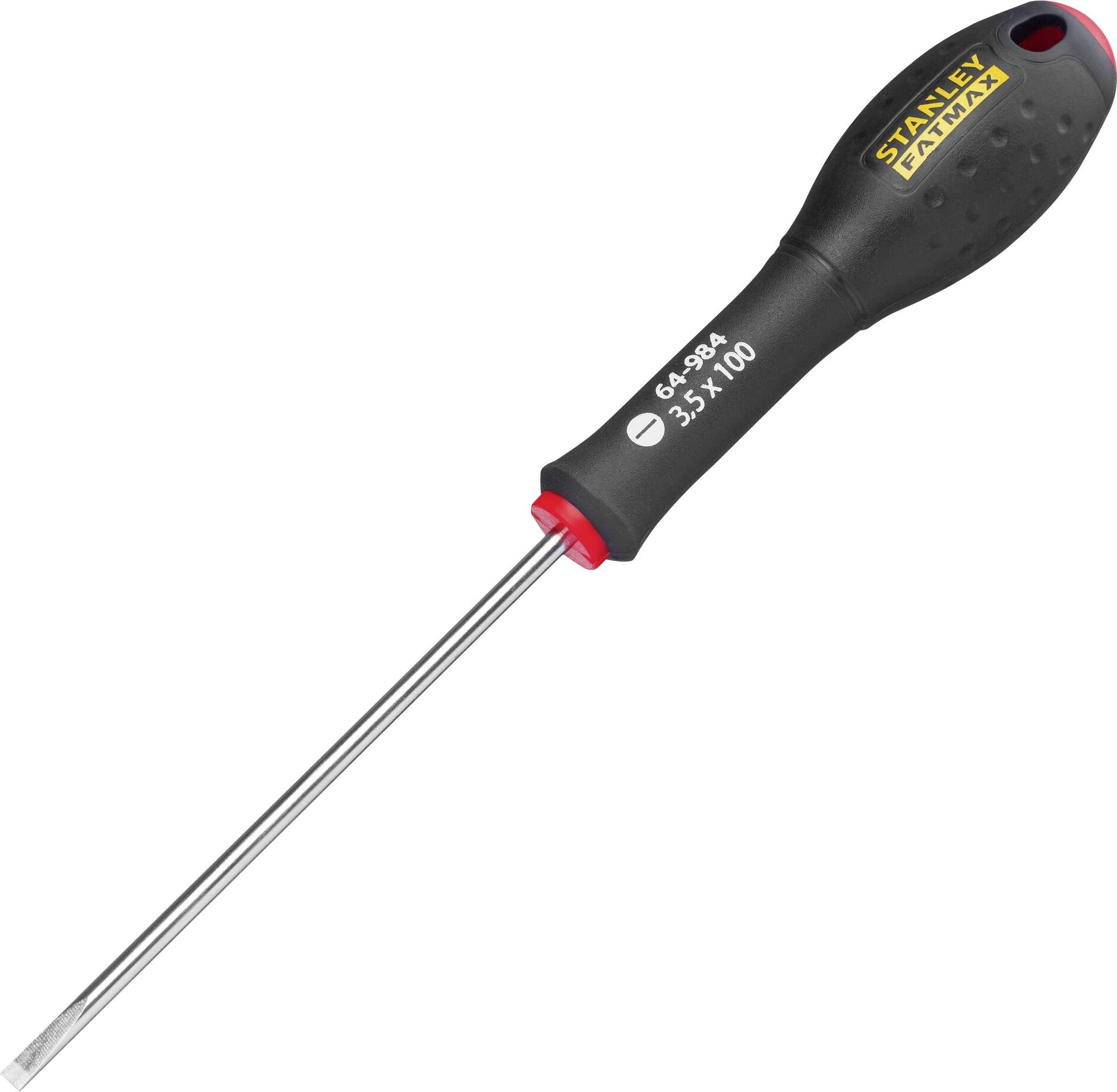Un cacciavite nero con impugnatura rossa; riportante la scritta 'STANLEY FATMAX' e '3.5x100'.