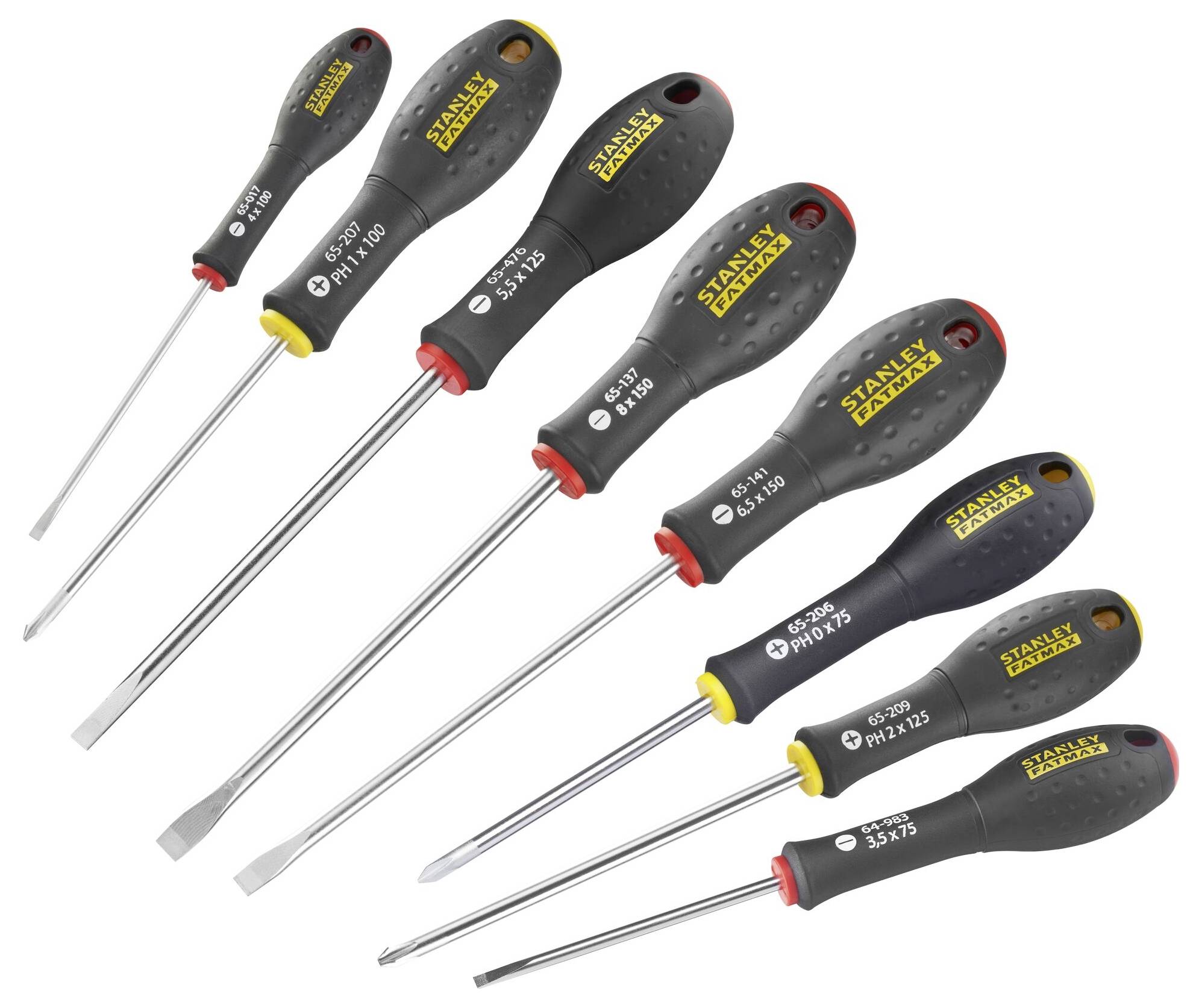 Un set di sette cacciaviti Stanley di diverse dimensioni e tipi, ideale per vari lavori di avvitamento.