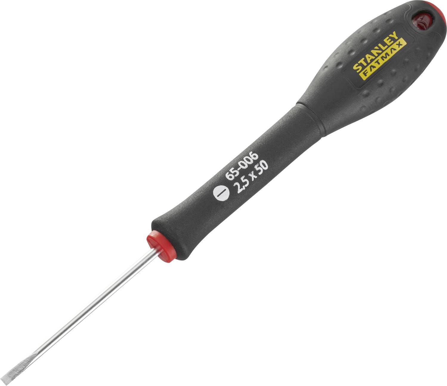 Un cacciavite nero con anello rosso, marca Stanley, a lama piatta, per lavori di montaggio generali.