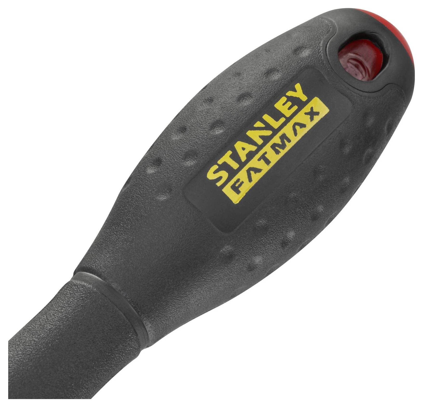 Impugnatura di un cacciavite Stanley Fatmax, nero con logo giallo e un accento rosso sulla parte superiore.