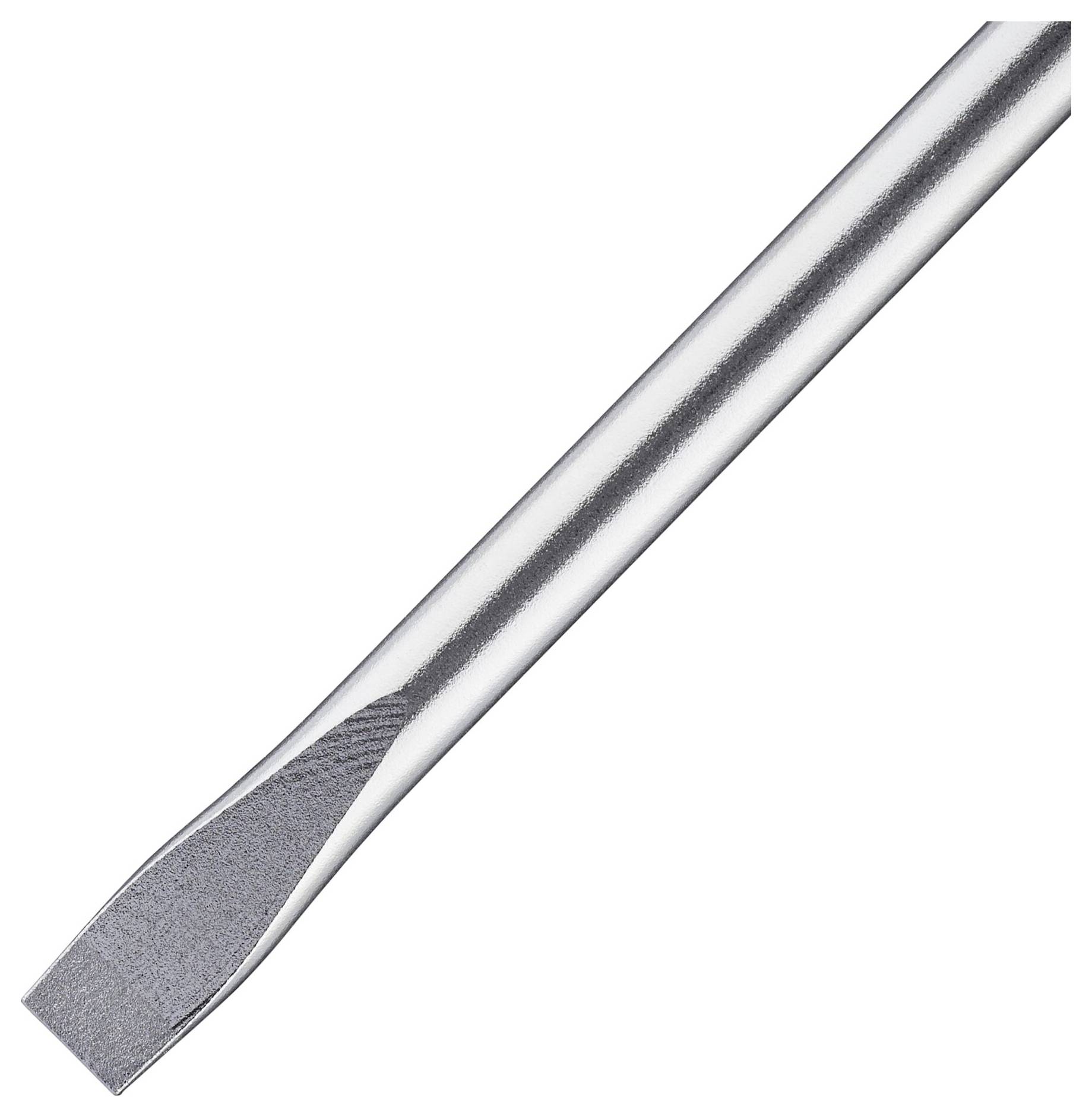 Utensile da taglio piatto in argento su sfondo bianco, con punta affilata e appiattita per tagliare o modellare materiali.