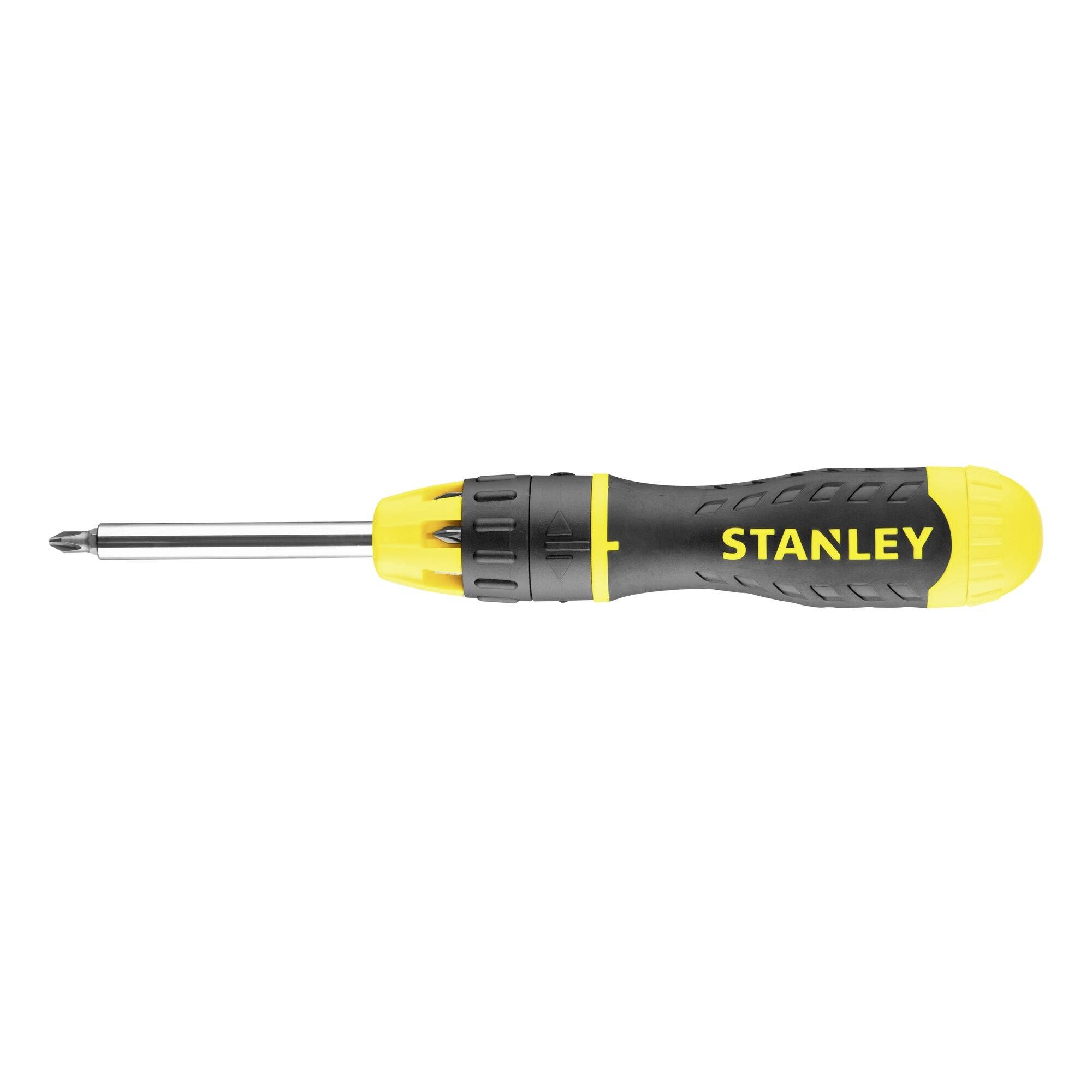 Un cacciavite Stanley giallo e nero con impugnatura ergonomica, adatto per viti a croce.