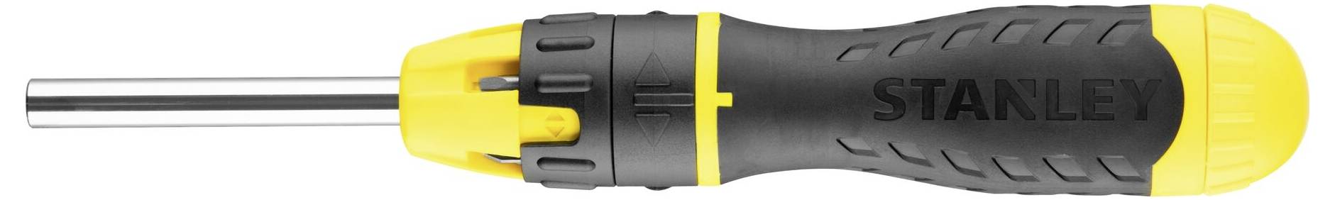 Cacciavite giallo e nero con impugnatura antiscivolo, con il nome del marchio 'STANLEY' stampato; utilizzato per lavori domestici e artigianali.