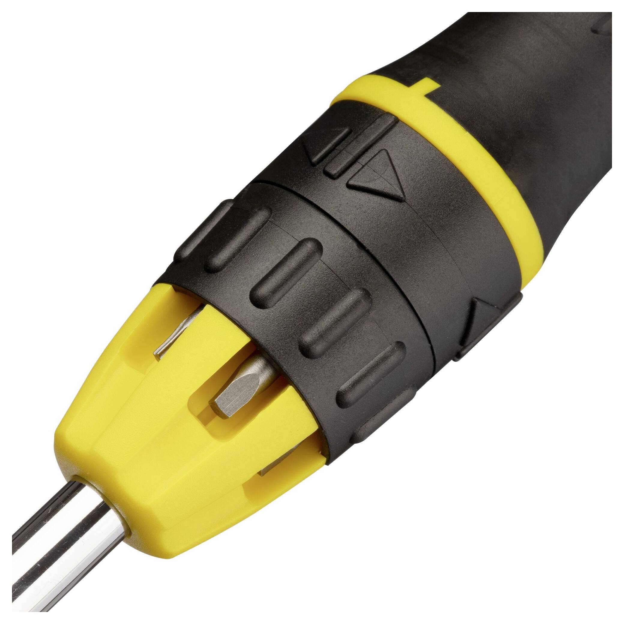 Primo piano dell'impugnatura di un cacciavite in giallo e nero con design ergonomico.