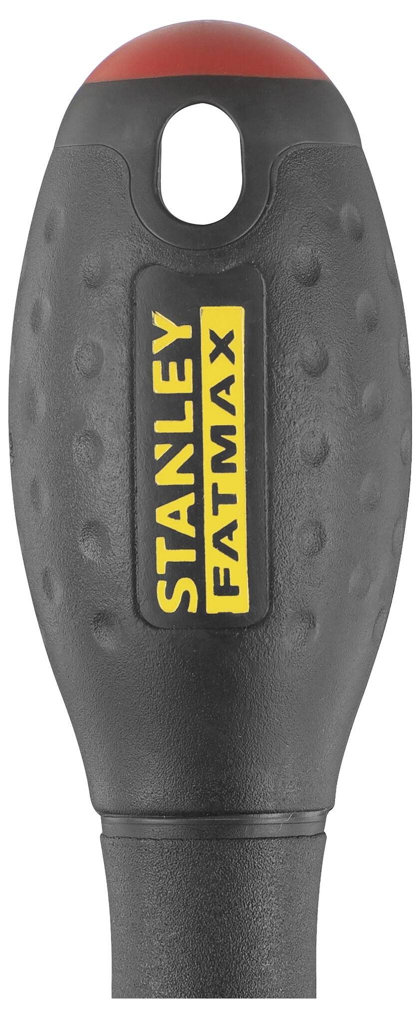 Impugnatura nera di un utensile con logo giallo 'Stanley Fatmax' e cappuccio rosso in alto, sagomata ergonomicamente per una presa migliore.