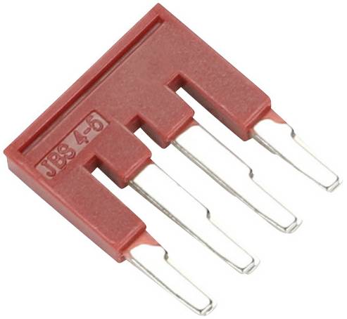 Un connettore a ponte rosso con l'etichetta 'JBS 4-6', composto da quattro pin metallici e un involucro in plastica, rappresentato in prospettiva.