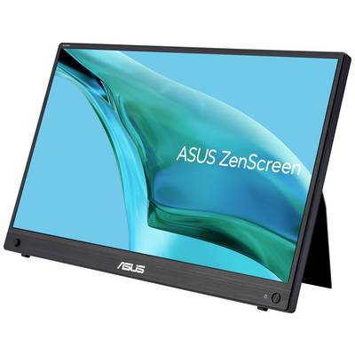 Monitor portatile ASUS ZenScreen in vista laterale inclinata con sfondo schermo blu e nome del prodotto.
