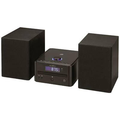 Impianto stereo nero con due altoparlanti, vista frontale. Display digitale mostra '87.5'. Include vano CD e porta USB.