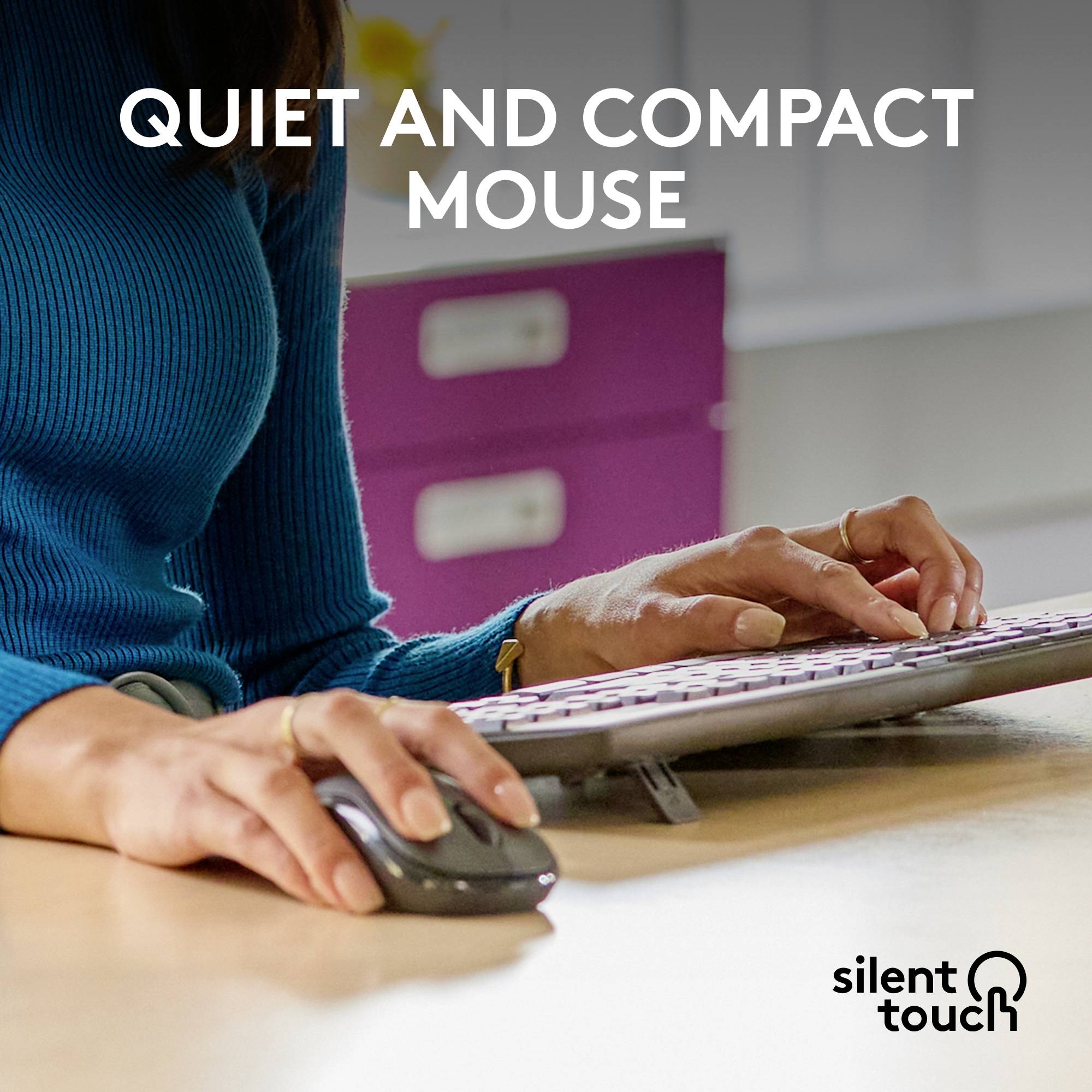 Una persona lavora con un mouse e una tastiera. Il testo nell'immagine recita 'Mouse silenzioso e compatto', con il logo 'silent touch'.