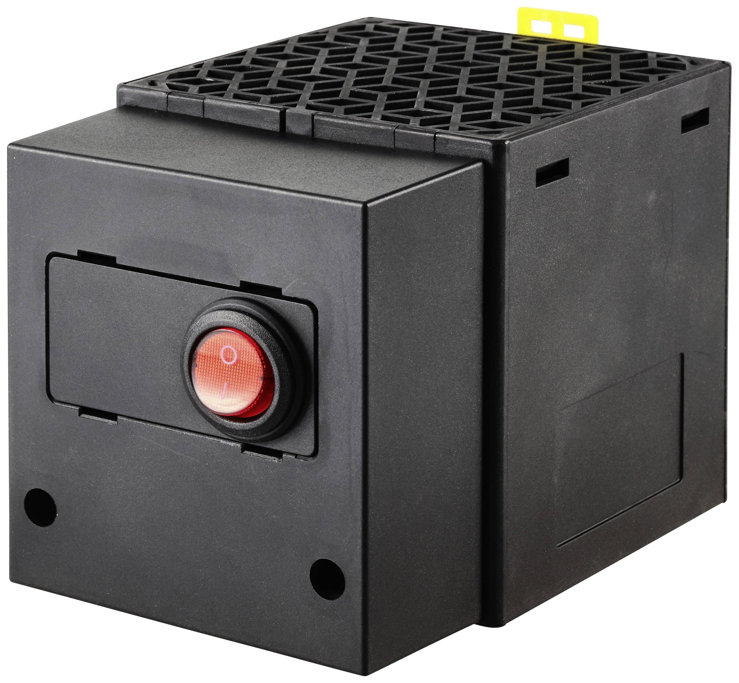 Scatola elettronica nera con pulsante rosso al centro, adatta per applicazioni industriali. Griglia di ventilazione visibile in alto.