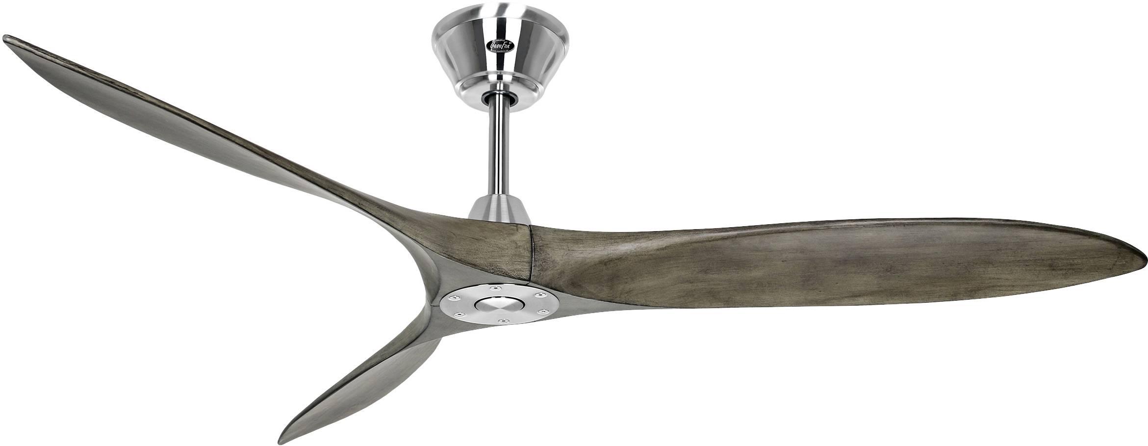 Ventilatore da soffitto con tre grandi pale in legno e involucro metallico. Elegante e moderno, ideale per raffreddare l'ambiente.