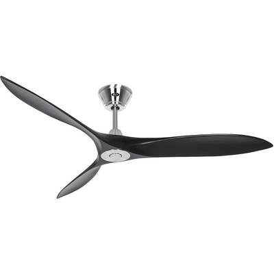 Un ventilatore da soffitto nero con tre pale curve e un involucro lucido color argento.
