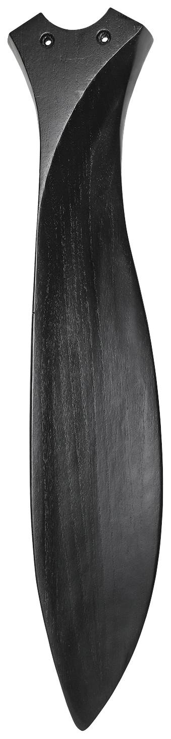 Un'impugnatura per porta in legno dal design nero e aerodinamico, con forma sinuosa e superficie liscia, dal tratto minimale.