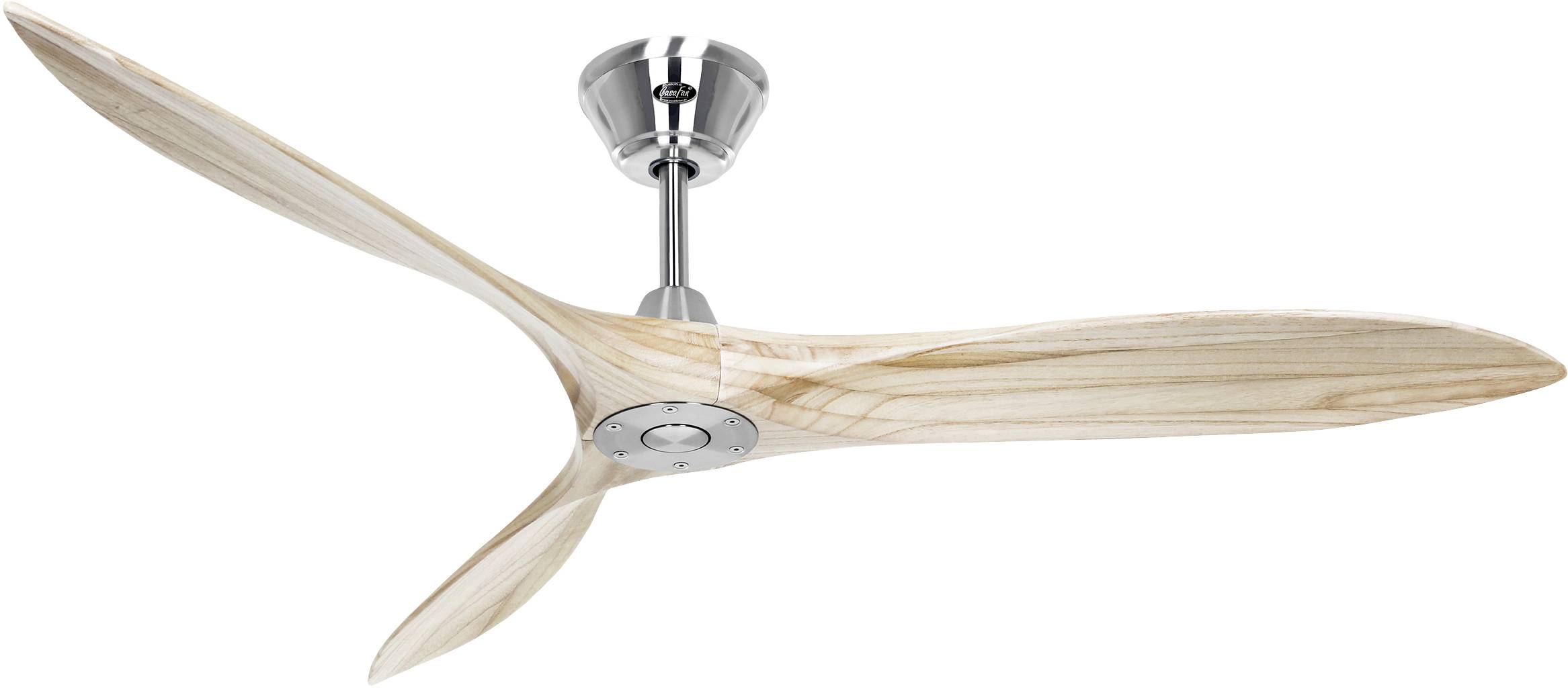 Un ventilatore da soffitto moderno con tre pale in legno color marrone chiaro e un alloggiamento in metallo argentato, adatto per ambienti abitativi.
