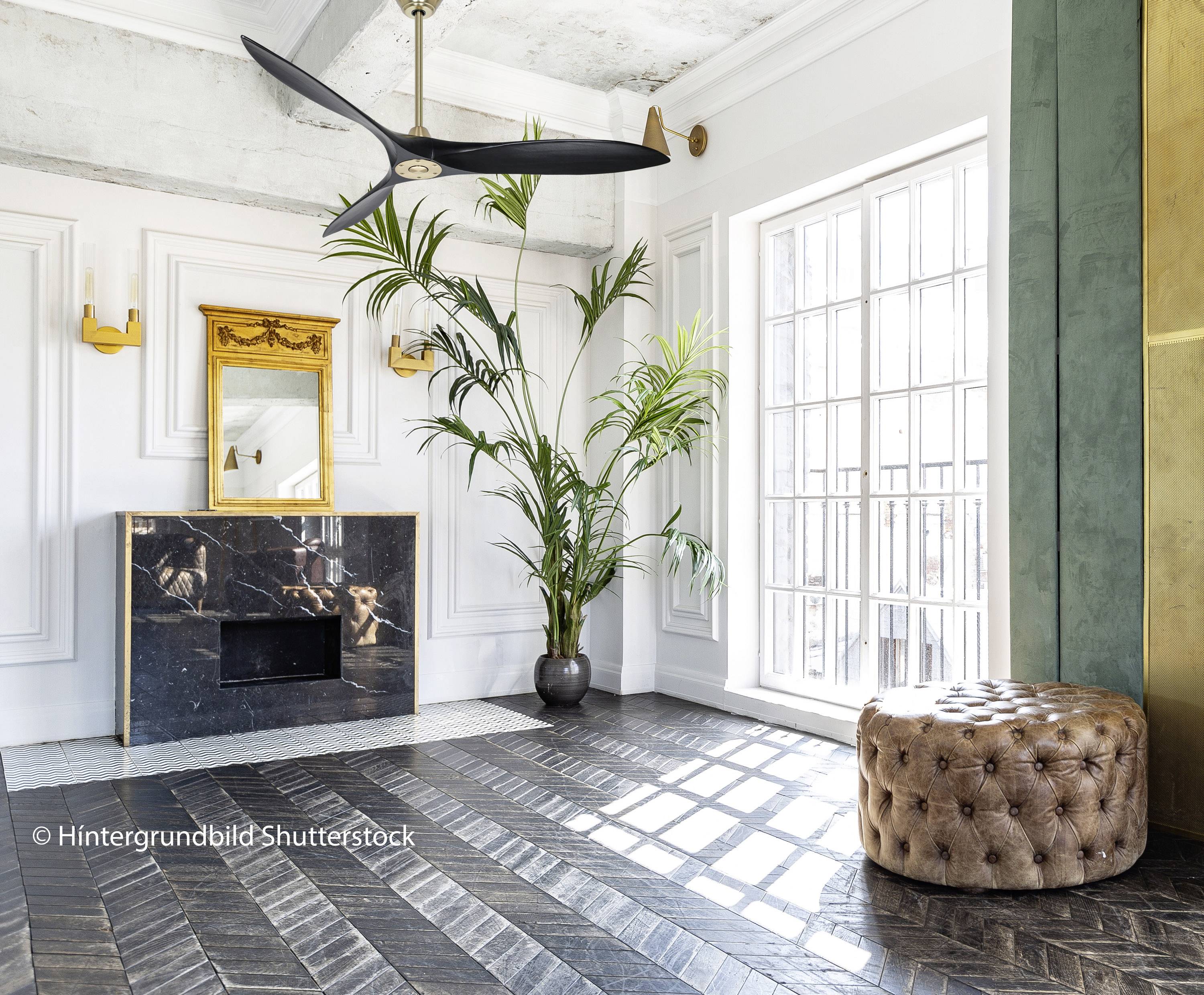 Soggiorno elegante con camino in marmo, grande specchio, pianta lussureggiante, ventilatore da soffitto moderno, luce naturale che entra attraverso una lunga finestra.