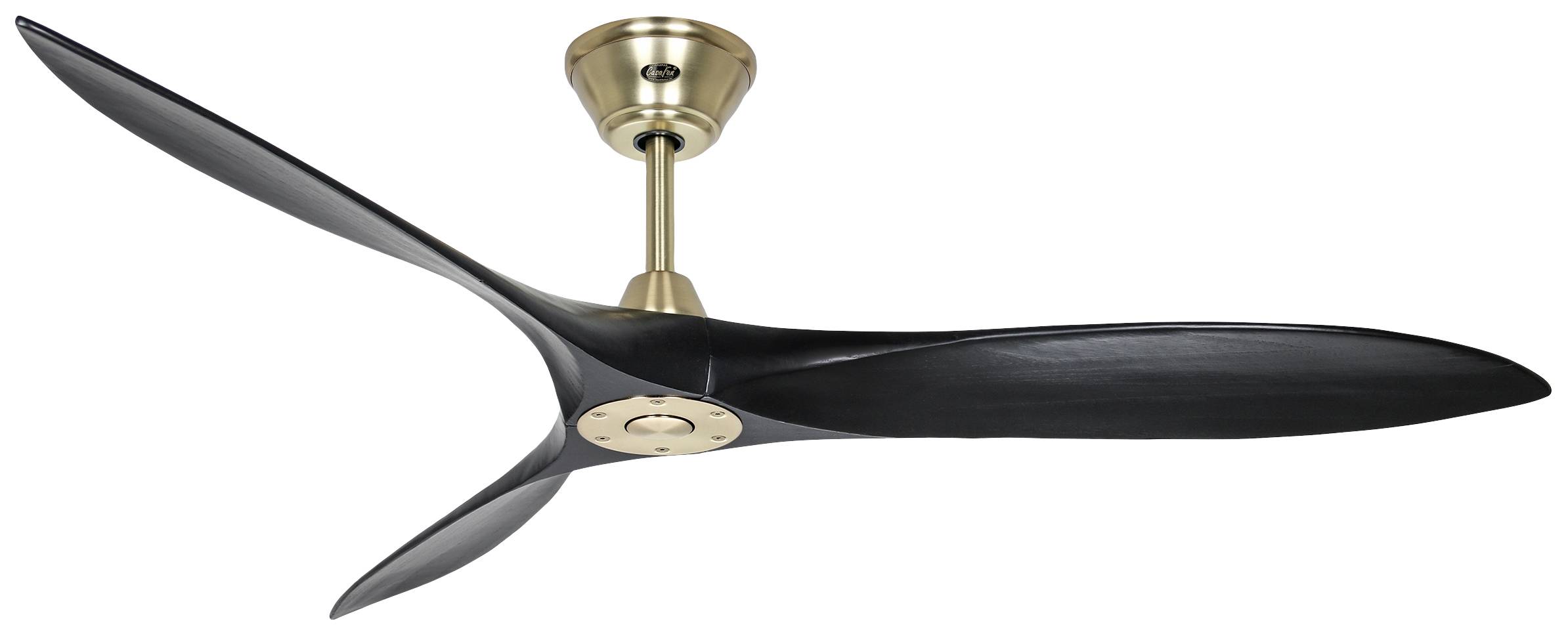 Ventilatore da soffitto nero con tre pale e supporto dorato, montato al centro di un soffitto bianco.