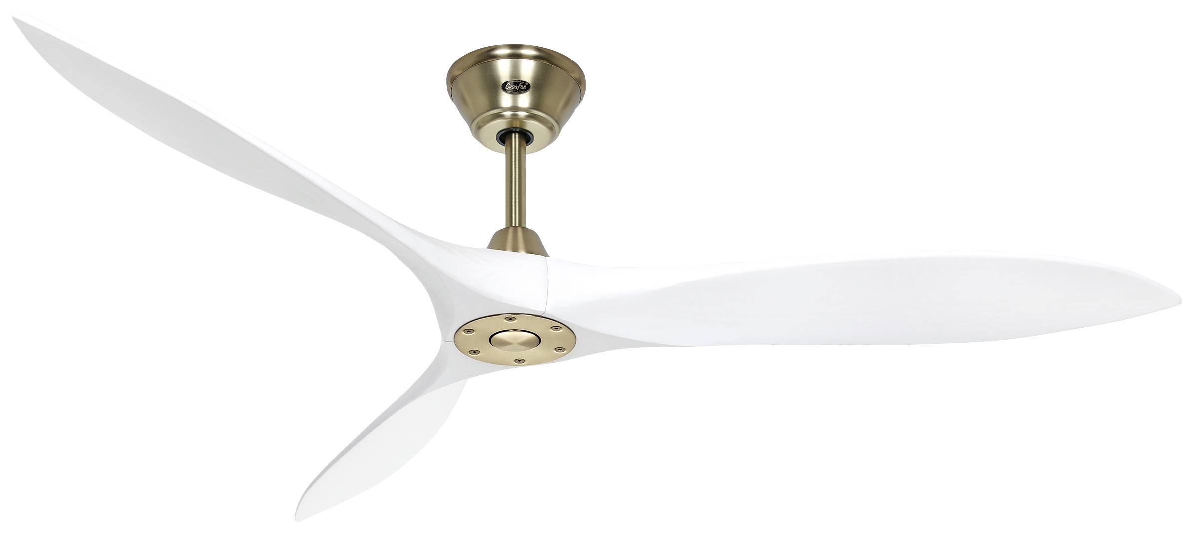 Un ventilatore da soffitto moderno con tre pale semplici, bianche, e un supporto metallico color oro.