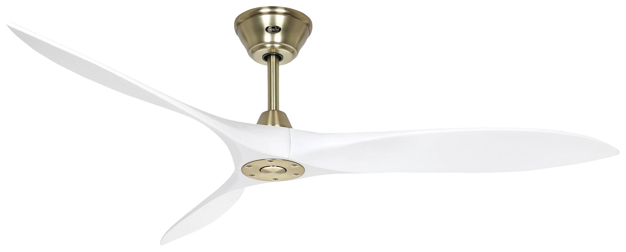 Ventilatore da soffitto con tre pale bianche e un supporto dorato, montato al soffitto.