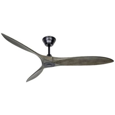Un ventilatore da soffitto a tre pale con un design moderno, finiture in legno scuro sulle pale e una struttura in metallo.