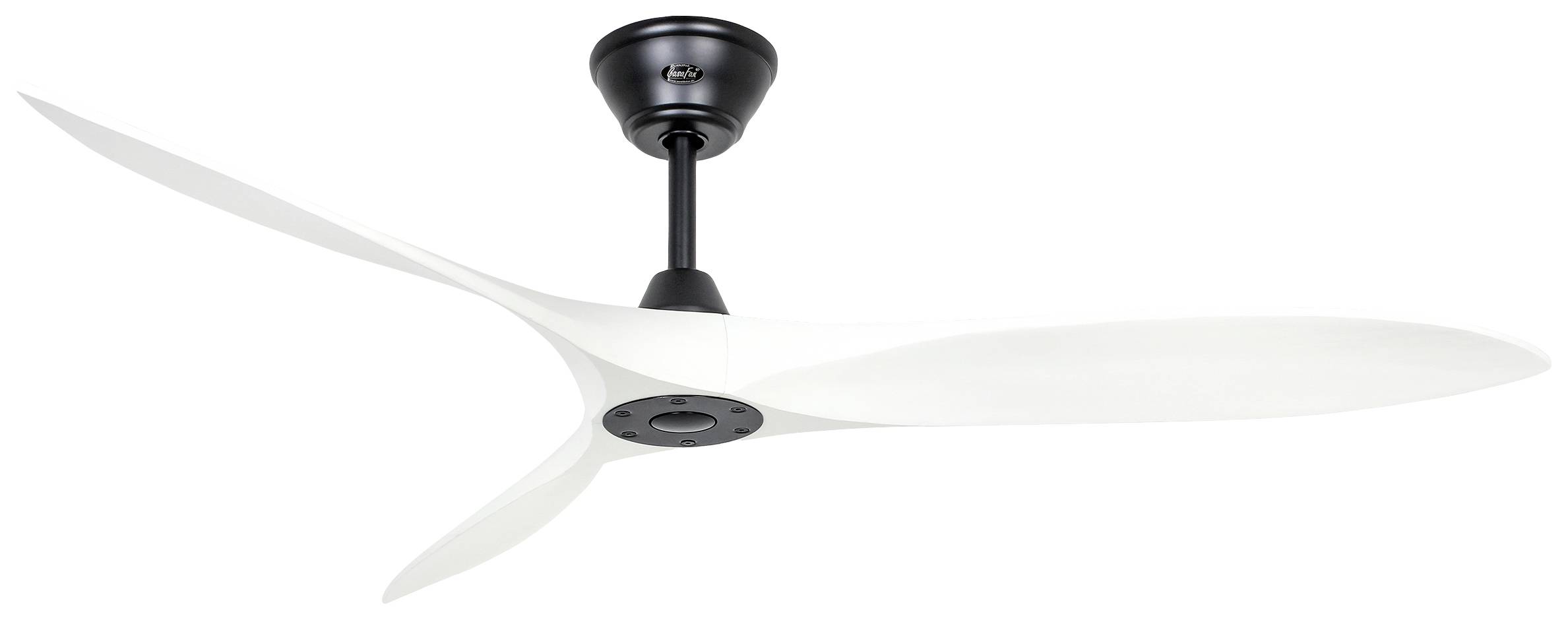 Un ventilatore da soffitto moderno con tre pale bianche e curve, alloggiato in un involucro nero, adatto per ambienti interni.
