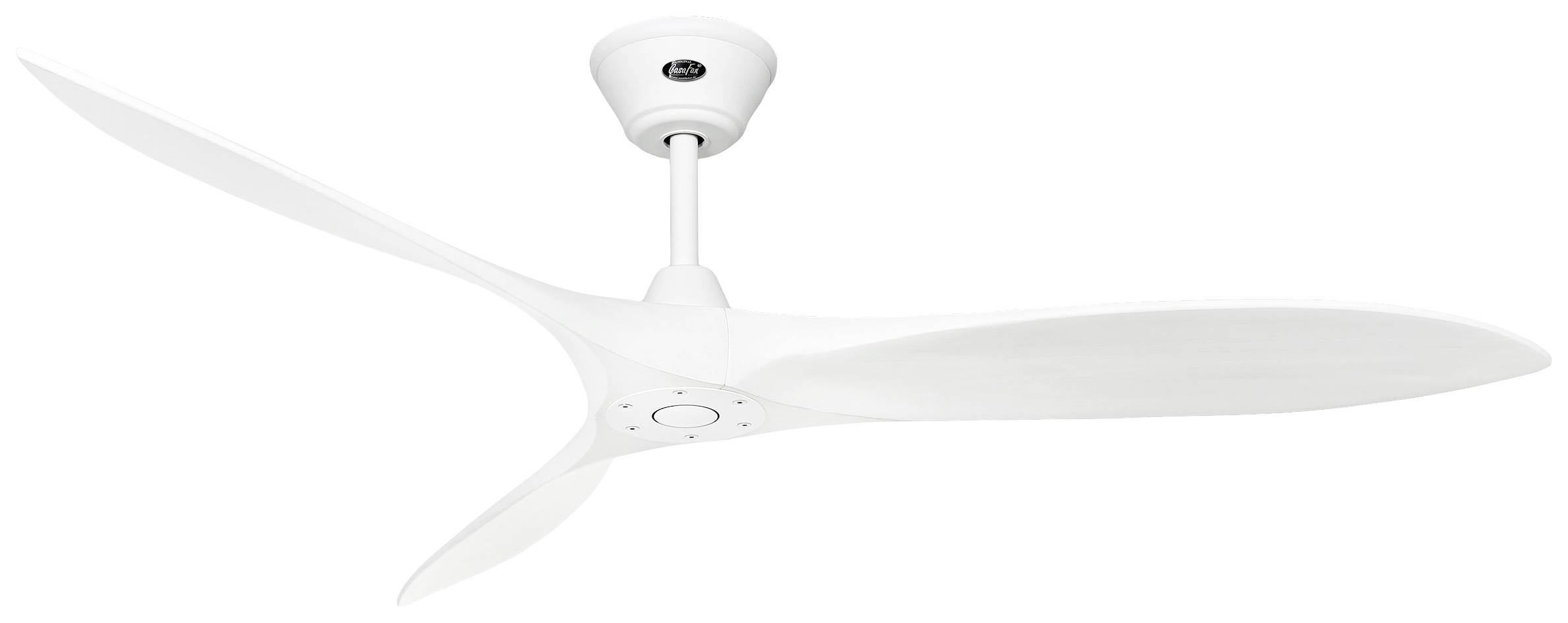 Un ventilatore da soffitto bianco con tre pale curve, montato al soffitto, raffigurato su uno sfondo neutro.