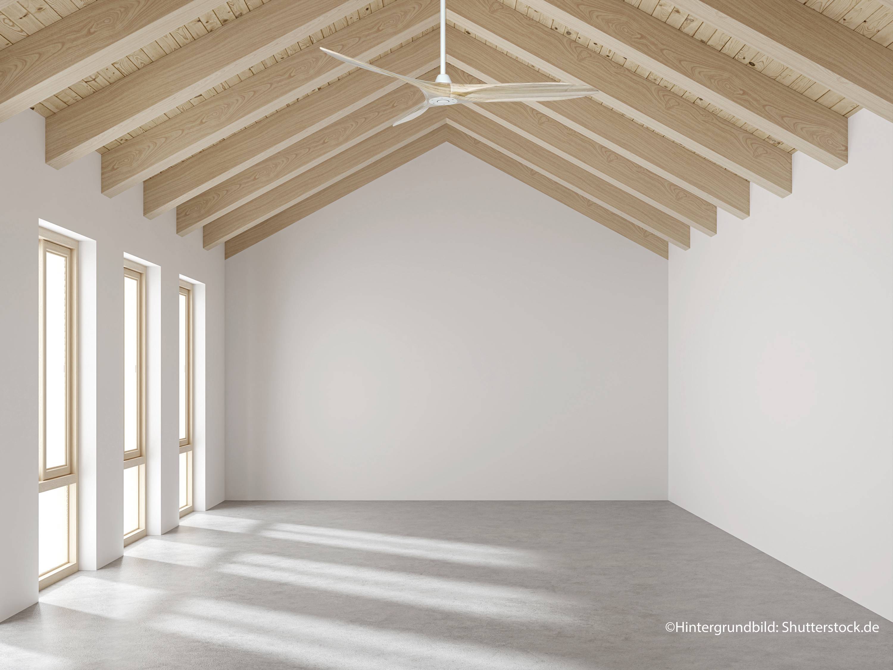 Un ambiente vuoto con soffitto in legno e grandi finestre che lasciano entrare luce naturale. Un ventilatore da soffitto bianco è appeso al soffitto.