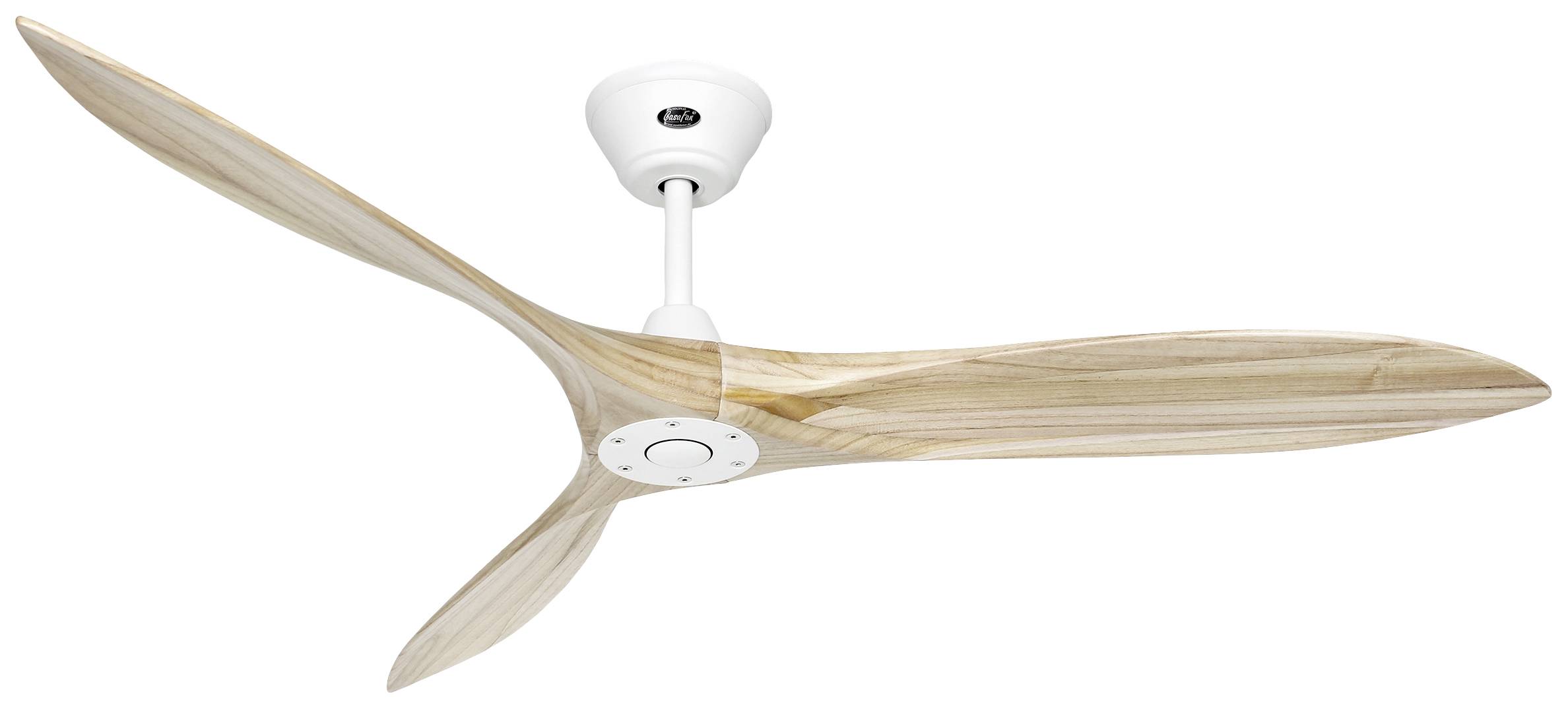 Ventilatore da soffitto in legno chiaro con tre pale curve e base bianca. Un design elegante per interni moderni.